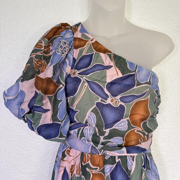 Here Comes The Sun Dress Womens Medium Floral Midi One Shoulder Resort Party NEW - Picture 4 of 13